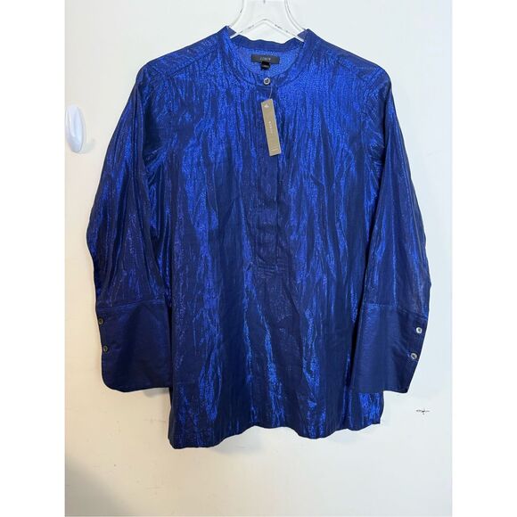 J Crew Popover Blouse Metallic Blue Size 4 NWT - Picture 1 of 4